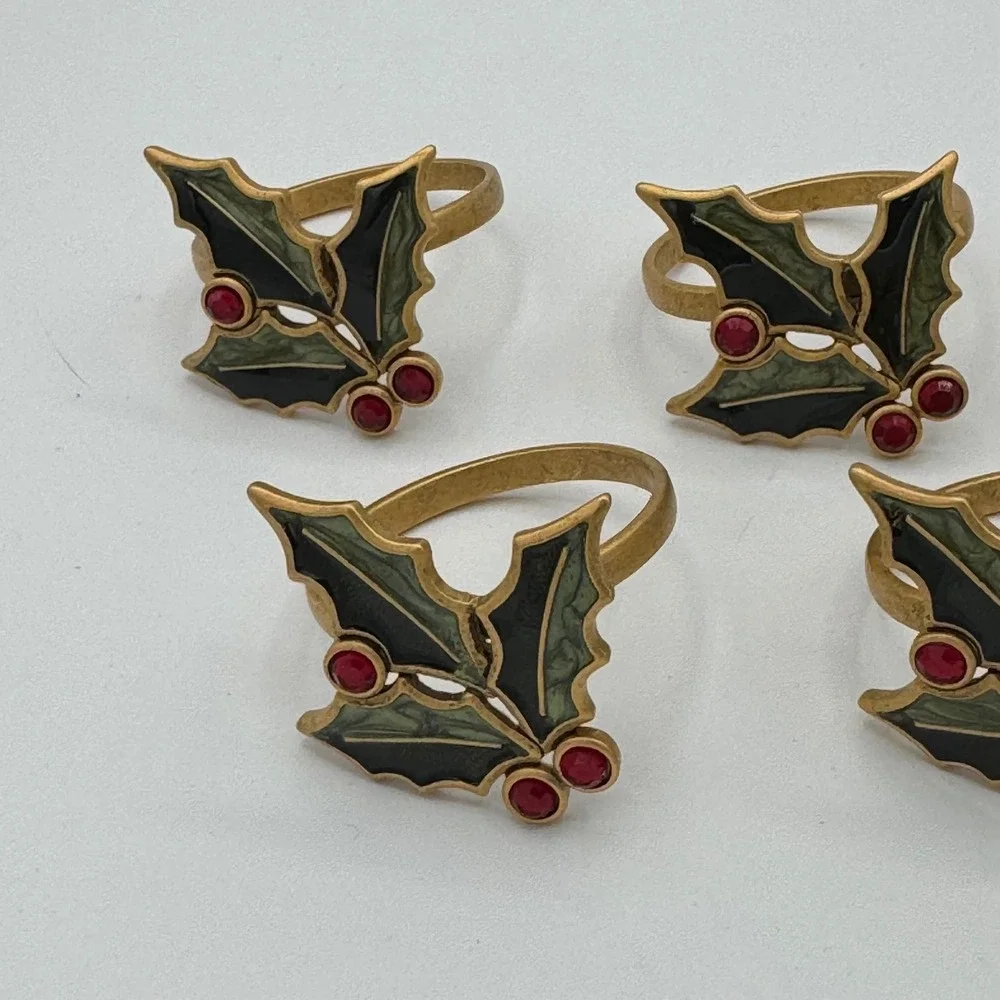 Vintage Christmas Holly Napkin Rings Set of 7 Gold Tone Enamel Red Rhinestone